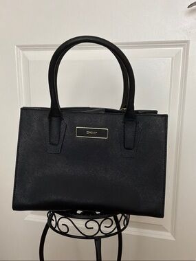 DKNY Black Saffiano Leather Satchel with Gold Hardware